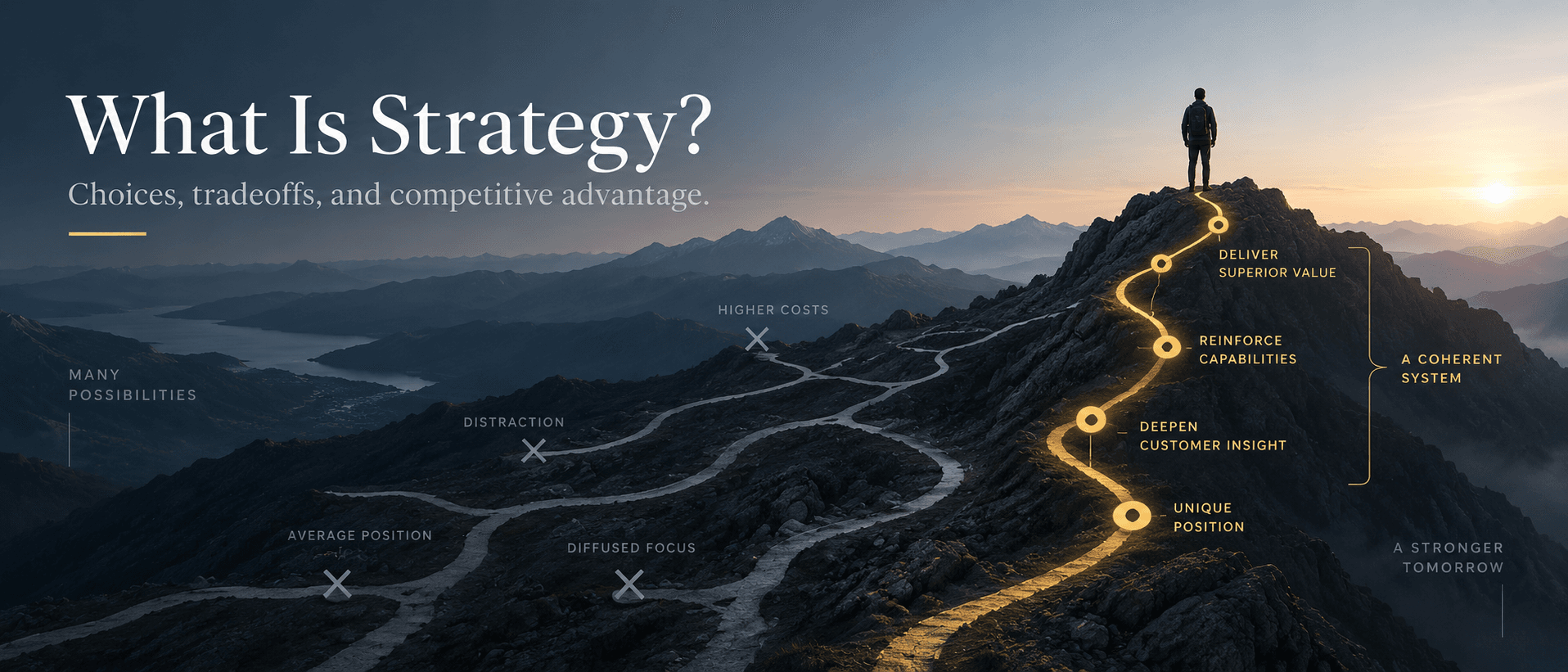 A highlighted mountain path illustrates strategy: choosing a unique position, deepening customer insight, reinforcing capabilities, and delivering superior value.